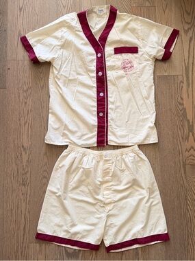 Vintage baseball style cream and burgundy pajama set